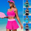 2Pcs/Set Women Tankini Set Low O-Neck Sleeve Tank Tops Tummy Control Side Split Skorts Set Patchwork Color Swimwear