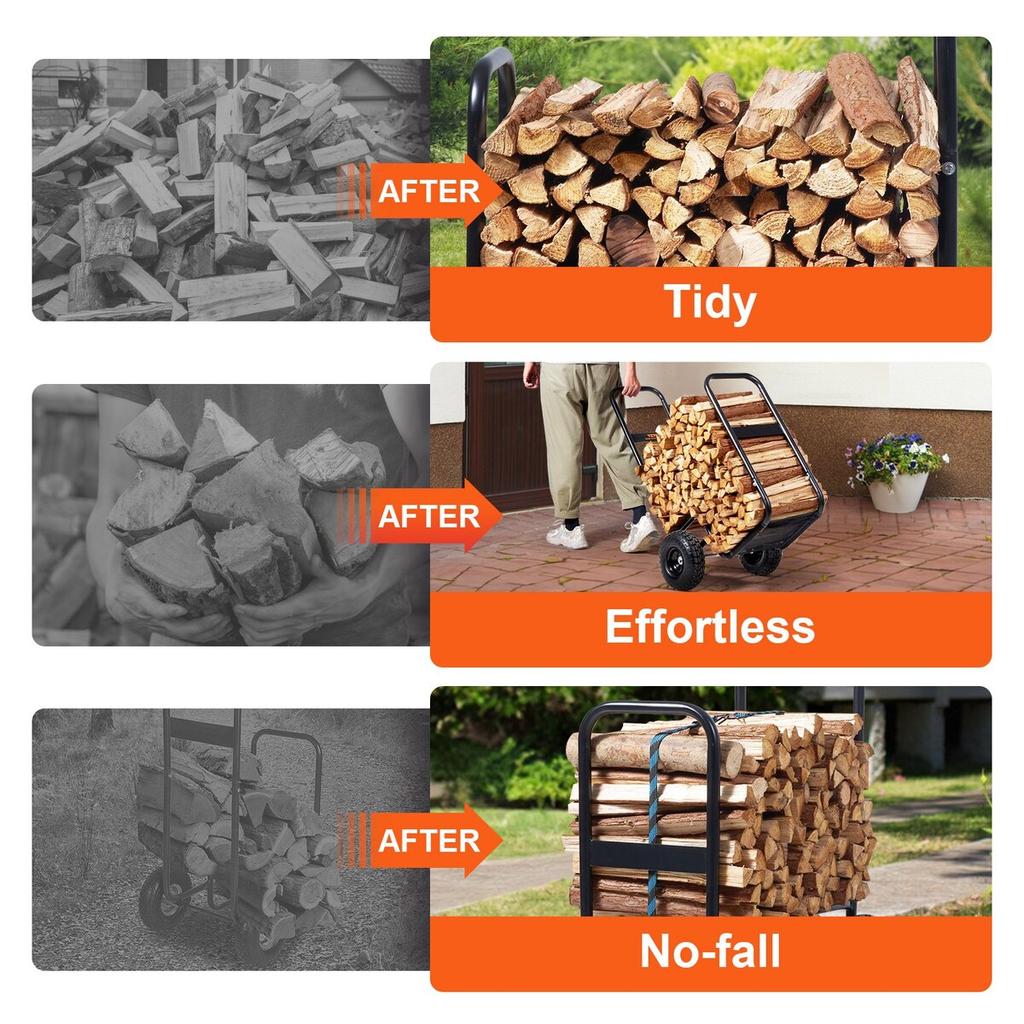 Firewood Log Cart, 113.4 kg Load Capacity, Outdoor and Indoor Wood Rack Storage Mover with Pneumatic Rubber Wheels, Heavy Duty Steel Dolly Hauler,