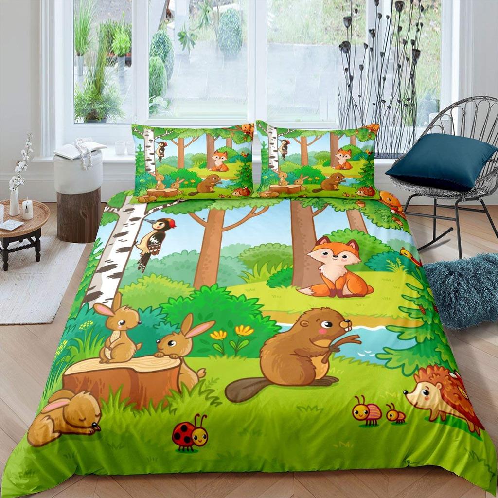 Пододеяльник Fox King Queen Kawaii Мультяшный Семейство лис Постельное белье для детей Милый Оранжевый Дикое животное 2/3 предмета Полиэстер Пододеяльник