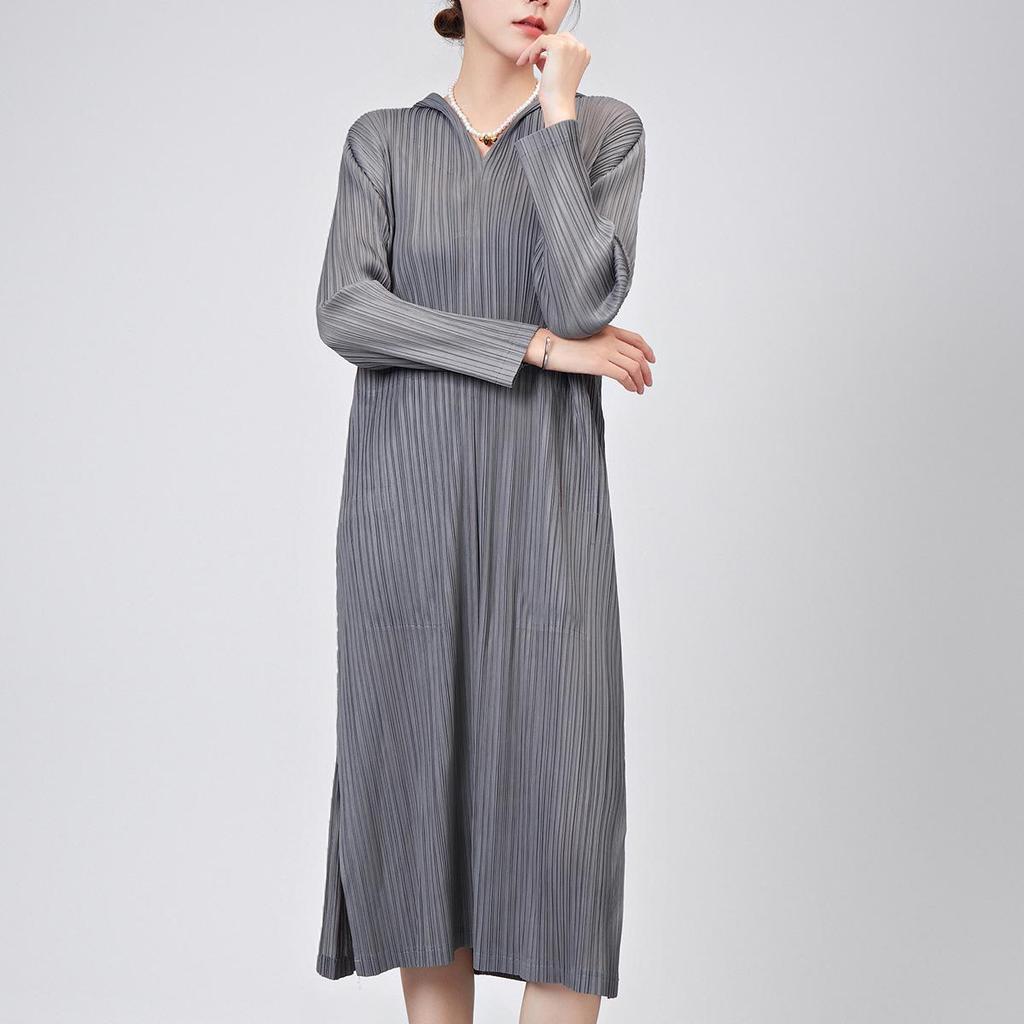 Женское летнее повседневное плиссированное платье-юбка с капюшоном, длинными рукавами, свободного кроя, больших размеров и высококлассным дизайном разреза средней длины.