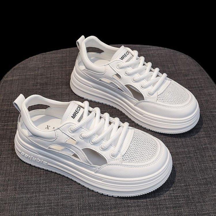 Туфли белые с толстой подошвой, женские, лето 2025, новые, дышащие, спортивные сандалии на шнуровке, универсальные, повседневные, с отверстиями