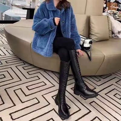 Модные Новые Ботинки на Шнуровке с Круглым Носком для Женщин со Шнурками Распродажа Зима 2024 Новинка Большой Размер Теплые Сапоги до Колена из ПУ Женские