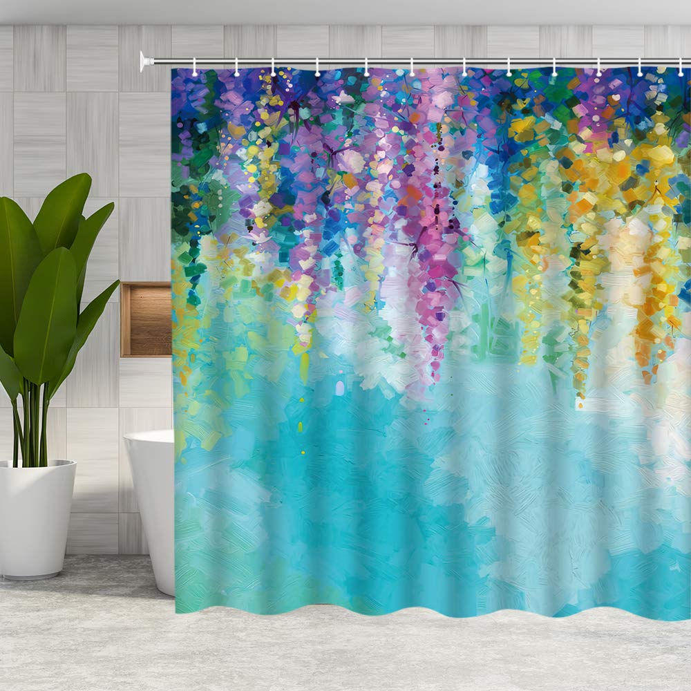 Bathroom Shower Curtain Set With Hook,Flower Garden By Gustav Klimt,Home Art Paintings Pictures Curtain For Bathroom Accessories