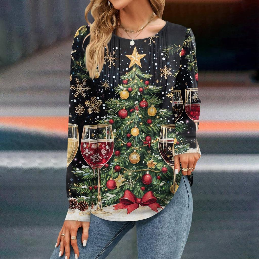 Женская мода Рождественские принтованные платья Осенние повседневные топы Длинные рукава рубашки Свободные пуловеры