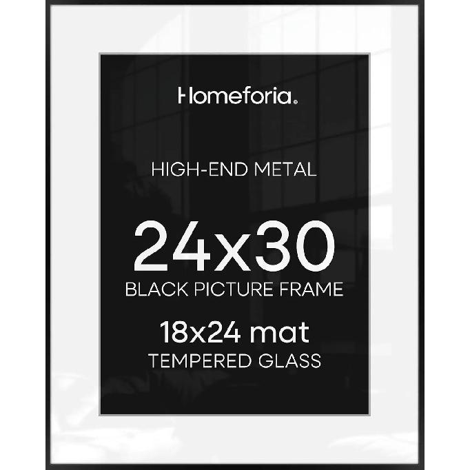 24x30 Poster Frame Black, High End Metal Picture Frame with Mat 18x24, Tempered Glass, Wall Mount