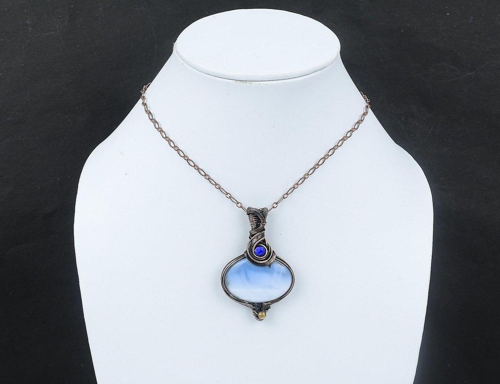 Owyhee Подвеска с синим опалом, медная проволока, кулон ручной работы, кулон с драгоценным камнем, подарок для матери, кулон из лазурита, медная проволока, ювелирные изделия