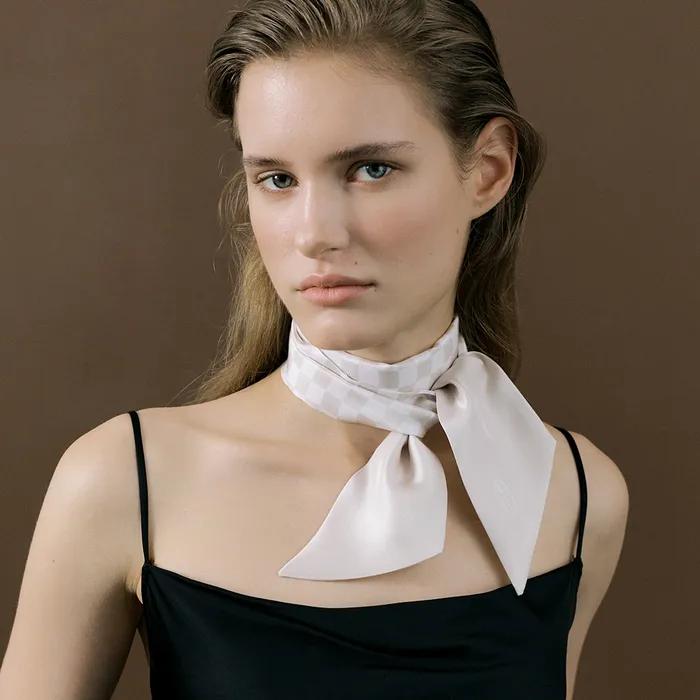 Checkerboard Long Twilly Silk Scarf - Pearl White