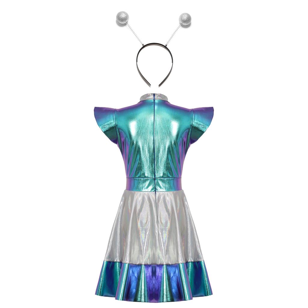 Костюм инопланетянки на Хэллоуин для девочек, милое платье из космоса, забавный ободок для волос с инопланетными антеннами, аксессуар, костюм для косплея