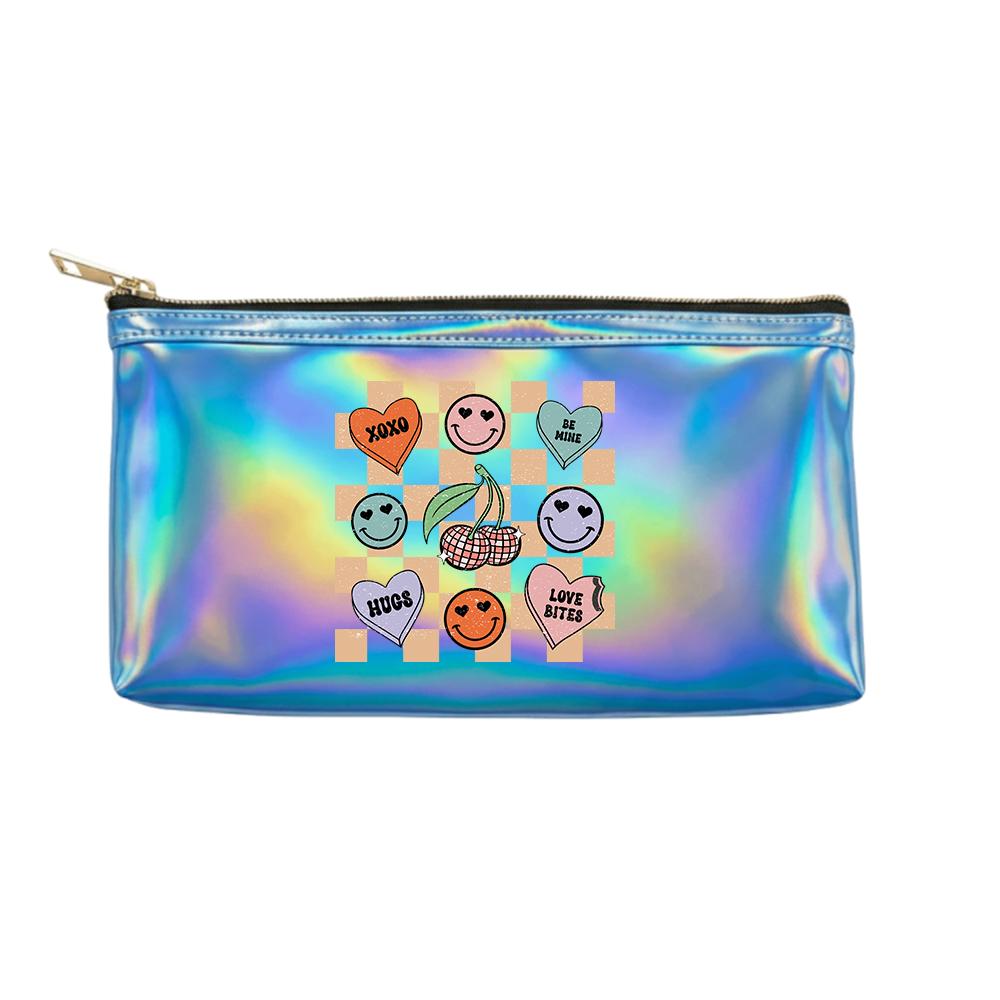 Retro Disco Cherry and Smiley Face Print Laser Cosmetic Makeup Bag,Holographic Toiletry Pouch Organizer for Travel Daily Storage