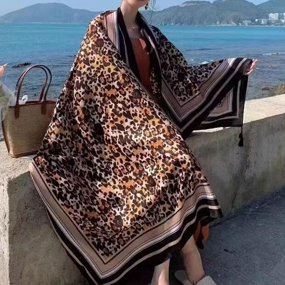 180Cm Leopard Print Flower Ethnic Style Scarf For Women'S Summer Sun Protection Silk Scarf, Paired With A Shawl Cape Beach Scarf