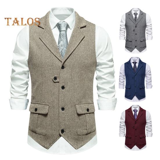 Мужской жилет с лацканами, без рукавов, однобортный, приталенный жилет с карманами с клапанами, однотонный деловой жилет, пальто