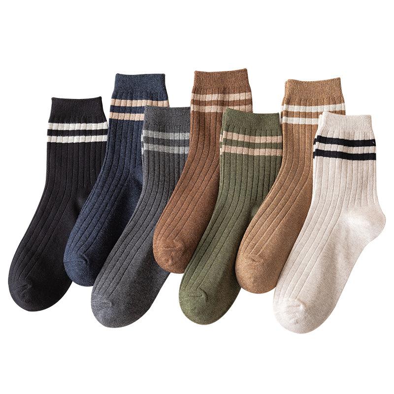 Men's Spring and Autumn Mid-length Socks, Classic Two-bar Sweat-absorbing and Breathable Sports Stockings, Versatile Cotton Socks