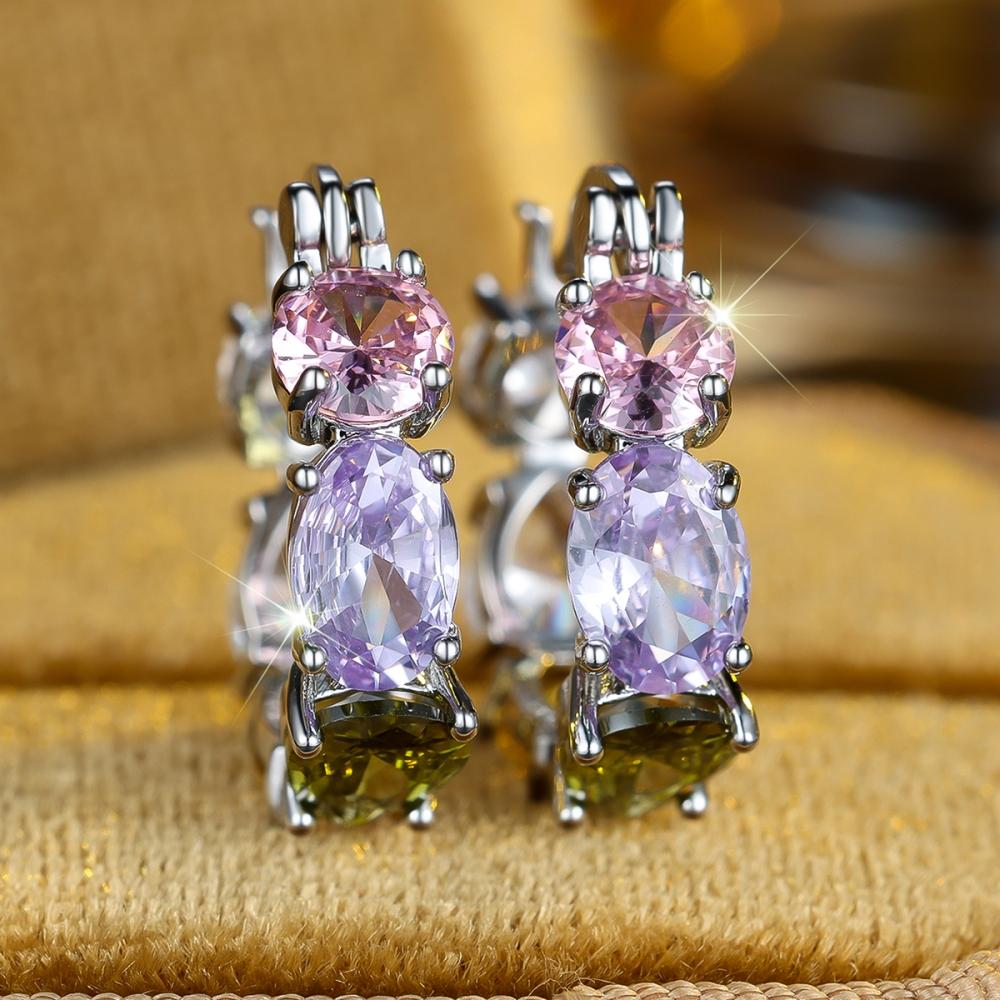 Creative Pink Purple Olive Green Zircon Hoop Earrings Women's Silver Color Circle Earrings Party Wedding Jewelry Gifts