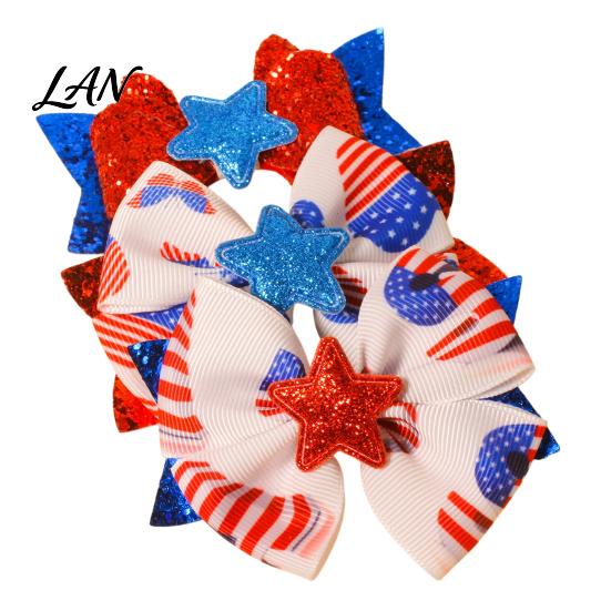 Fashion Hair Bows Independence Day Bow Clip for Girls, Red Blue White Glitter Hairpin, Double Layer Girls Ornaments with Sequins Star, Accessory
