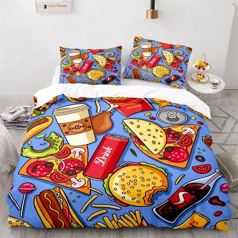 Creative Fast Food Duvet Cover Pizza Hamburger Print Comforter Cover Microfiber Bedding Collection King Queen For Kids Teen Room Decor