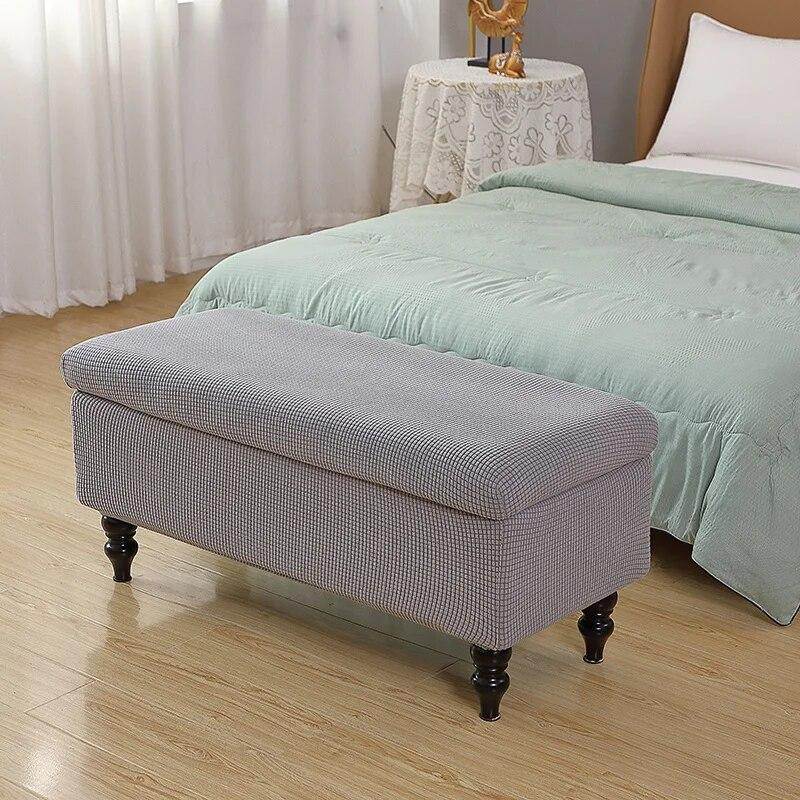 Solid Color Storage Ottoman Covers Rectangle Elastic Bedside Footstool Cover Non-Slip Polar Fleece Footrest Seat Bench Slipcover