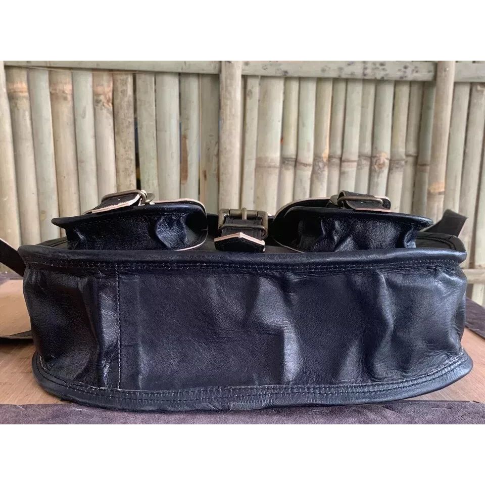 Real Vintage Saddle Bag Goat Leather Black Messenger Shoulder Handmade Vintage Leather Black Bag.