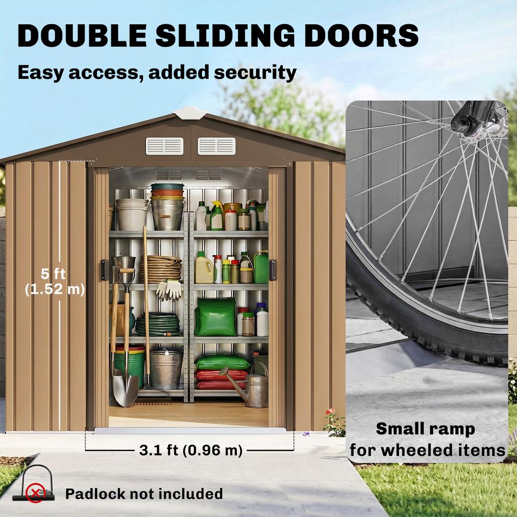 7 X 4ft Lockable Metal Garden Tool Storage Shed Storage Light Brown