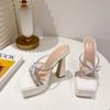 2024 New Summer Gladiator Crystal Narrow Band Women Slippers Fashion Design Square Toe Platform High Heels Shoes