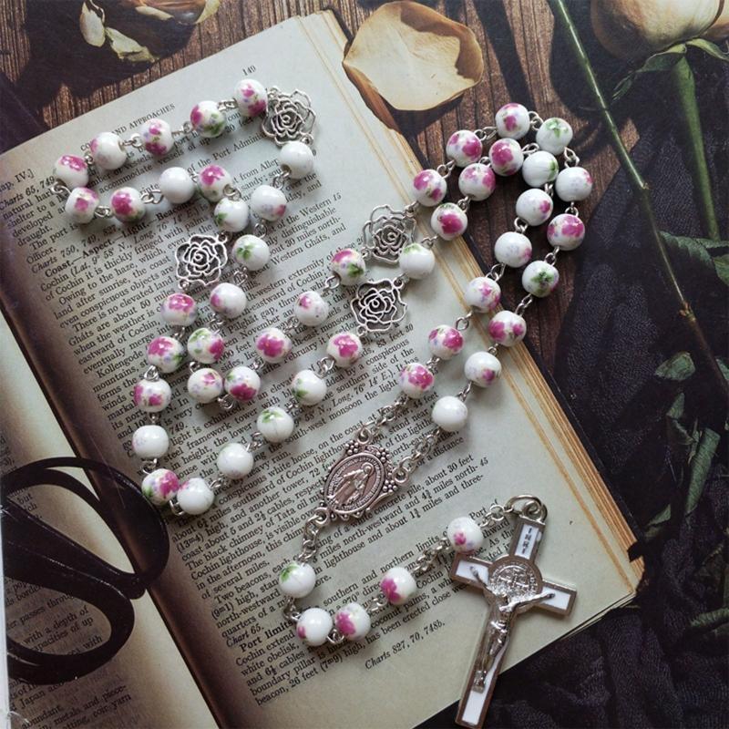Ceramic Rose Rosary Necklace Holy Catholic Jewelry Charm Pendant for Christian Church Home Bedroom Decoration