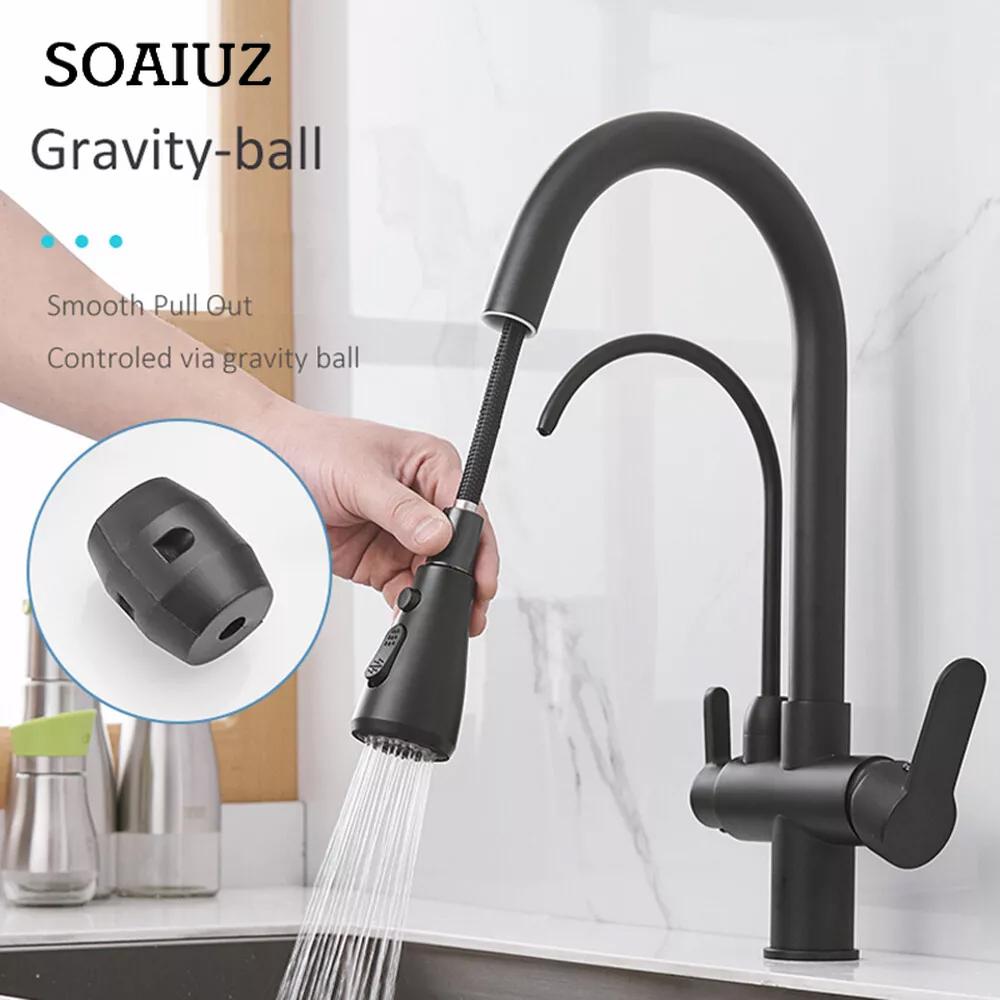 Матово-черный фильтр для чистой воды, кухонный кран с двумя ручками, для горячей и холодной питьевой воды, выдвижные кухонные смесители
