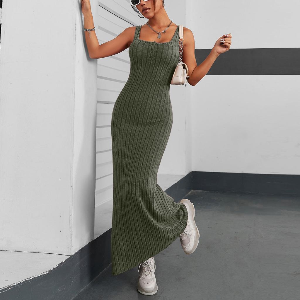 Женские летние повседневные длинные платья без рукавов с пуговицами на шее, облегающие платья с эластичным кроем