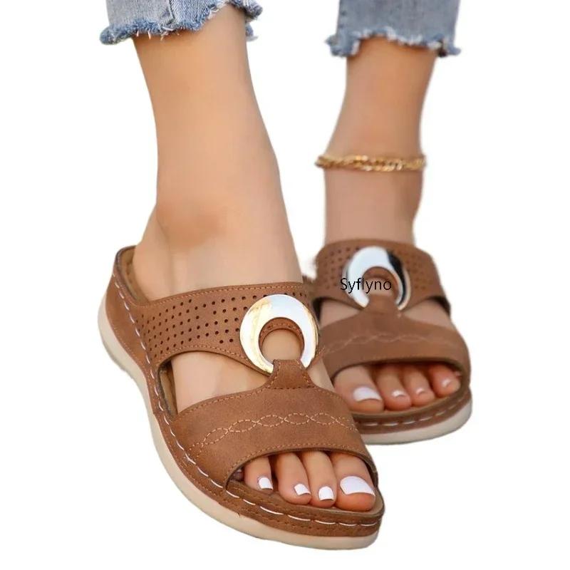 Модные сандалии женские пляжные тапочки на покатом каблуке полая подошва повседневные тапочки туфли на покатом каблуке ретро тапочки размер 35-44