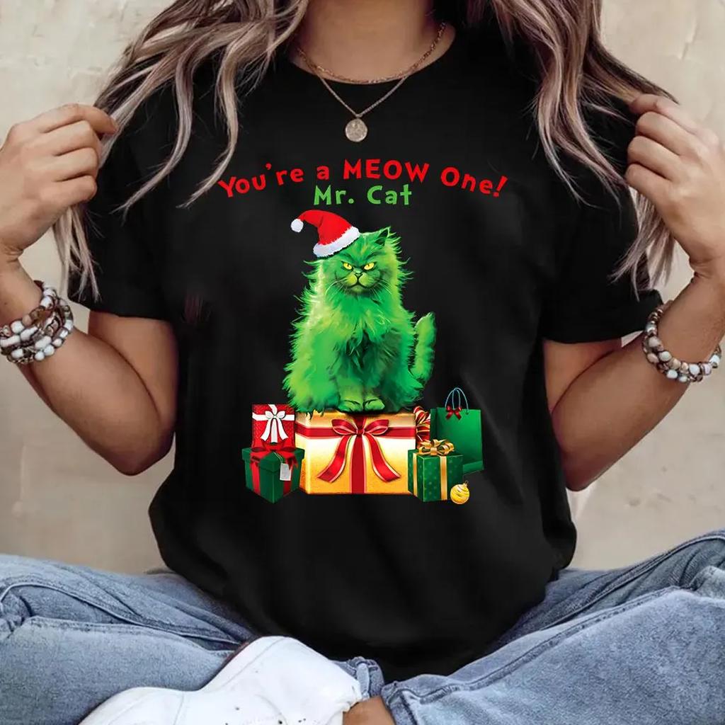 Christmas Kitten Christmas Light Strip Graphic Printed Tshirt Women Fashion Vintage Tshirts Casual Summer Streetwear Clothes