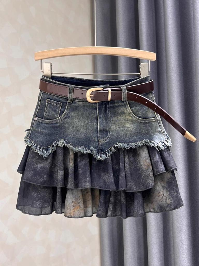 Spliced Denim Skirt for Women New Age-reducing Versatile and Fashionable High-waisted Slimming A-line Short Skirt Trendy
