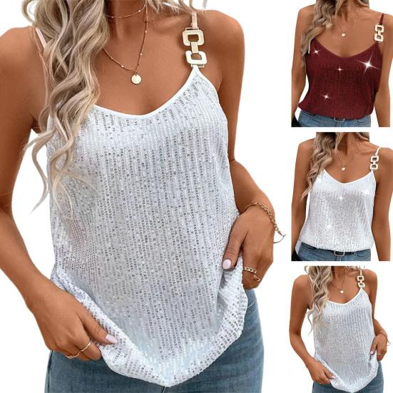 Топ без рукавов с V-образным вырезом, регулируемые бретели, свободный крой, тонкий блестящий