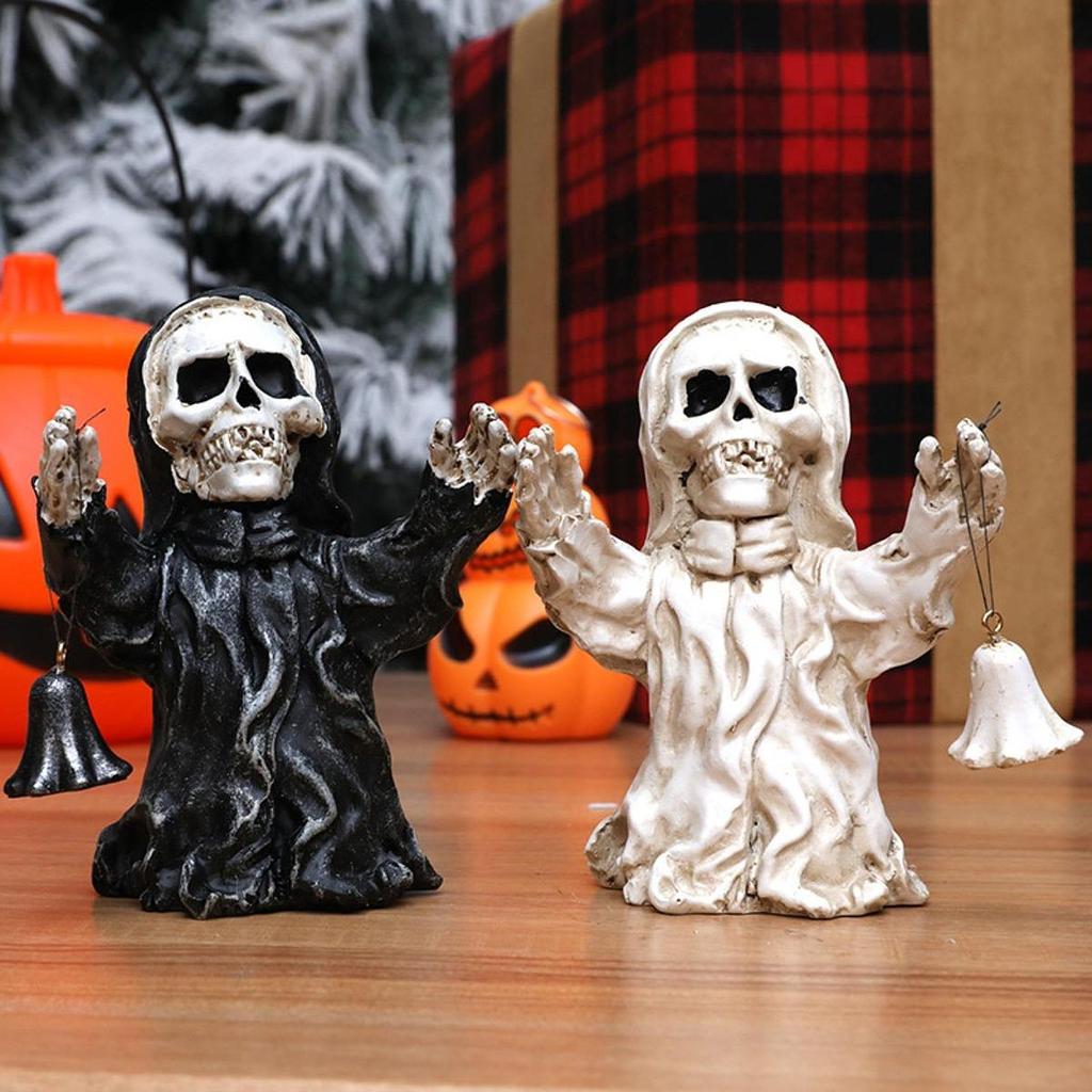 Halloween Skull Statue Holding Bell Figure Bookshelf Desktop Evil Resin Figurine