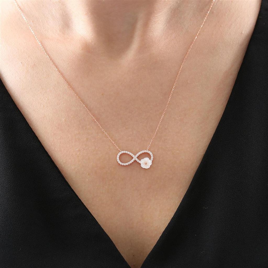 Infinity Adventure Rose Color Flowers Silver Necklace