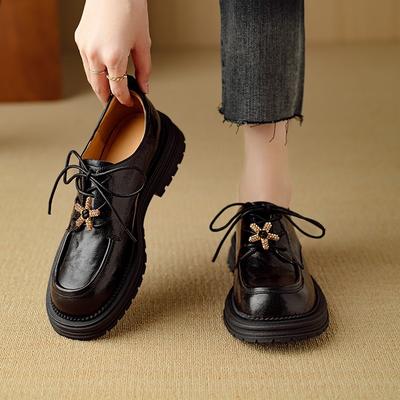 Лоферы на блочном каблуке Осень Новые Круглый носок Глубокий вырез Шнуровка спереди Стразы Нескользящая Износостойкая Платформа Одинарная обувь