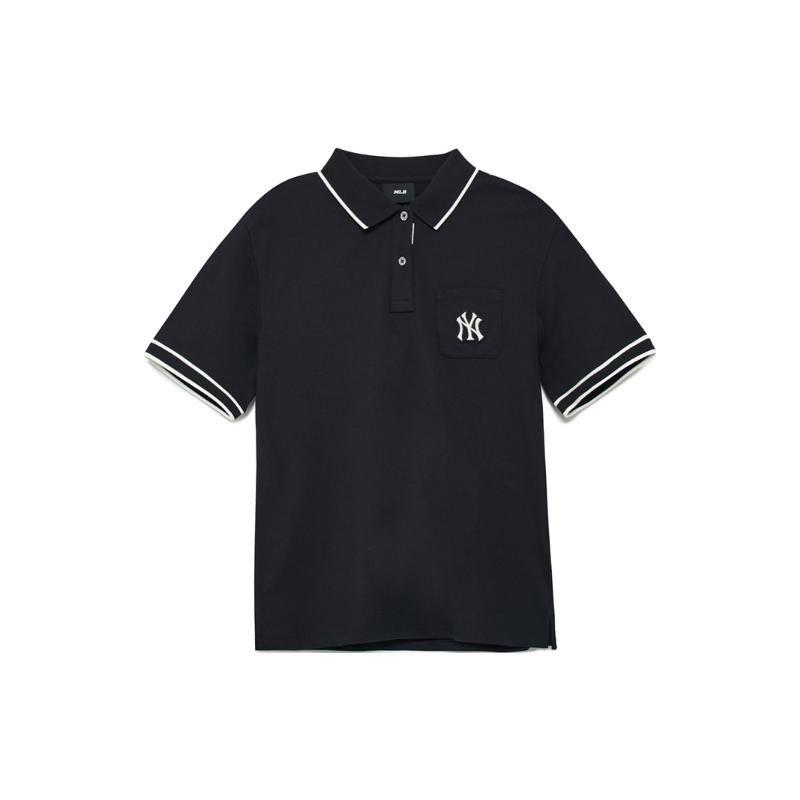 MLB Womens Monogram PQ T-Shirts New York Yankees Button Pocket Striped Short Sleeve Women T-Shirts Black 3FPQM0433-50BKS