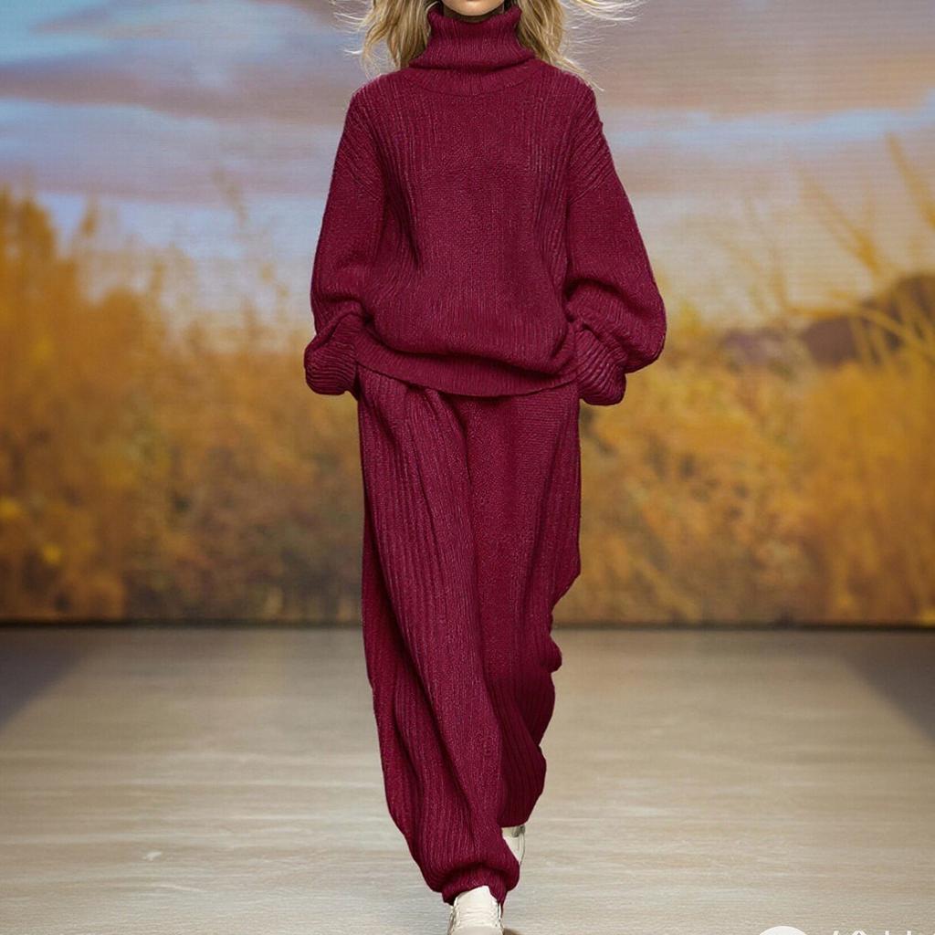Женский модный повседневный вязаный комплект свободного кроя с высоким воротом и широкими брюками