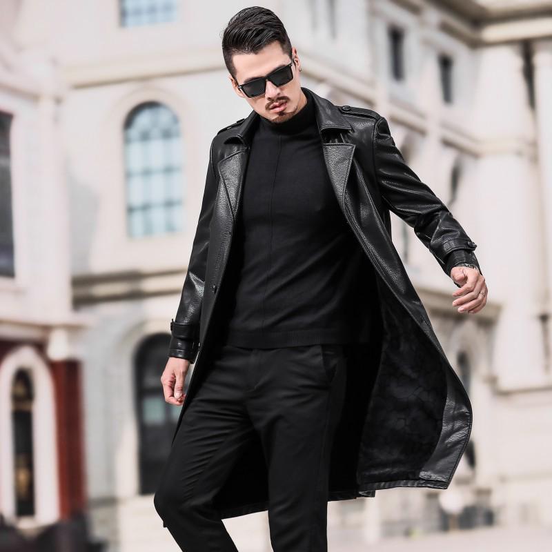 Осенне-зимняя длинная плюшевая и толстая куртка из натуральной кожи, мужская дубленка длиной до колена, мужской кожаный плащ