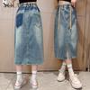 Джинсовая юбка для девочек-подростков, новинка 2024 года, летняя синяя джинсовая юбка с разрезом, детская одежда