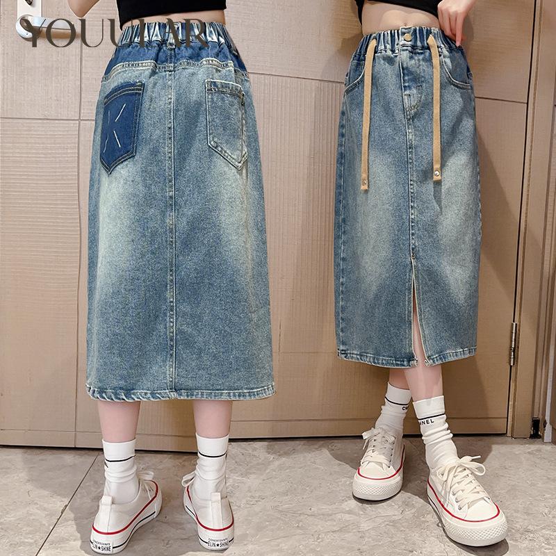 Джинсовая юбка для девочек-подростков, новинка 2024 года, летняя синяя джинсовая юбка с разрезом, детская одежда