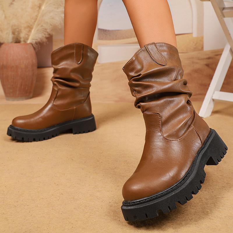 Модные Модные Ботинки до середины икры на массивной платформе для женщин Плиссированный дизайн Искусственная кожа Ковбойские ботинки Женские Осенне-зимние Ботас Де Мухер 2025