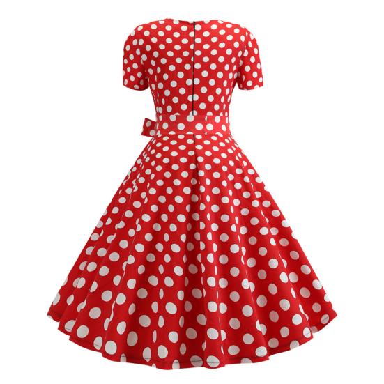 Women Dress Square Neck Short Sleeve Retro 1950s A-line Big Hem Button Decor Dot Print Color Matching Mid Waist Belted Bow Decor Midi Dress