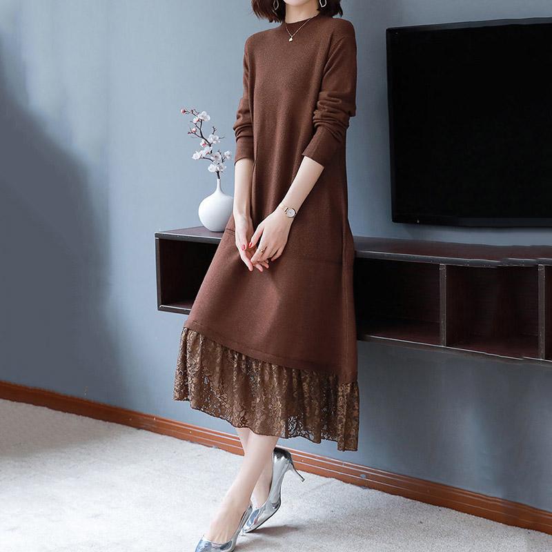 Платье женское осенне-зимнее кружевное удобное эластичное платье-свитер средней длины трикотажные платья с длинными рукавами