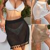 Women Sexy Crochet Beach Cover Up Skirt Elastic High Waist See-through Mesh Quick-Drying Fringe Bikini Skirt