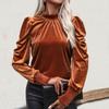 Autumn Winter Fashion Women's Mid Neck Long Sleeved Velvet Solid Color T Shirt Top for Women