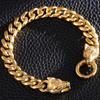 Massive Gold Plated Stainless Steel Double Wolf Head Hand Bracelet for Men Curb Cuban Chain Jewelry Party Gifts Homme Bracelets