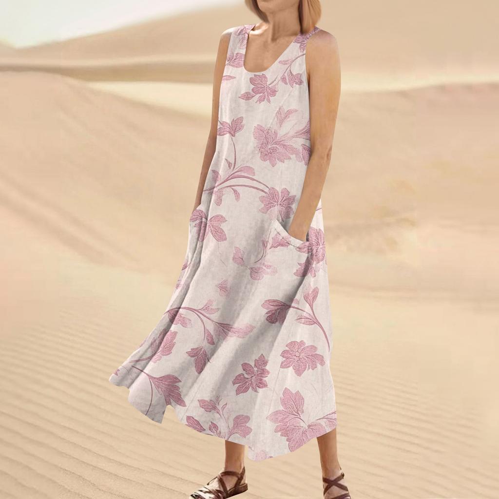 Женское летнее повседневное модное платье без рукавов с круглым вырезом и карманом с цветочным принтом