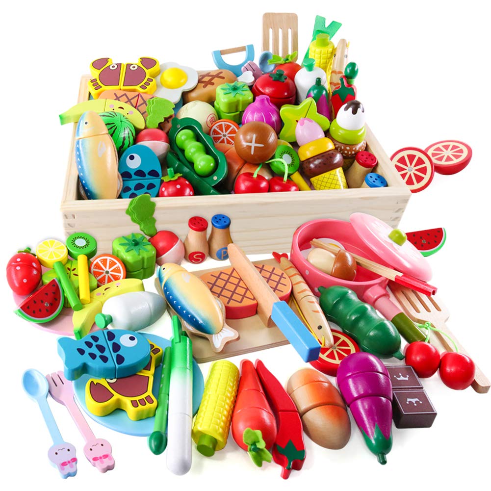 Button Moon Play House Wooden Kitchen Food Sanitation Act Cutting Includes Large Wooden and Tableware Large Capacity Natural Birthday Gift for Boys