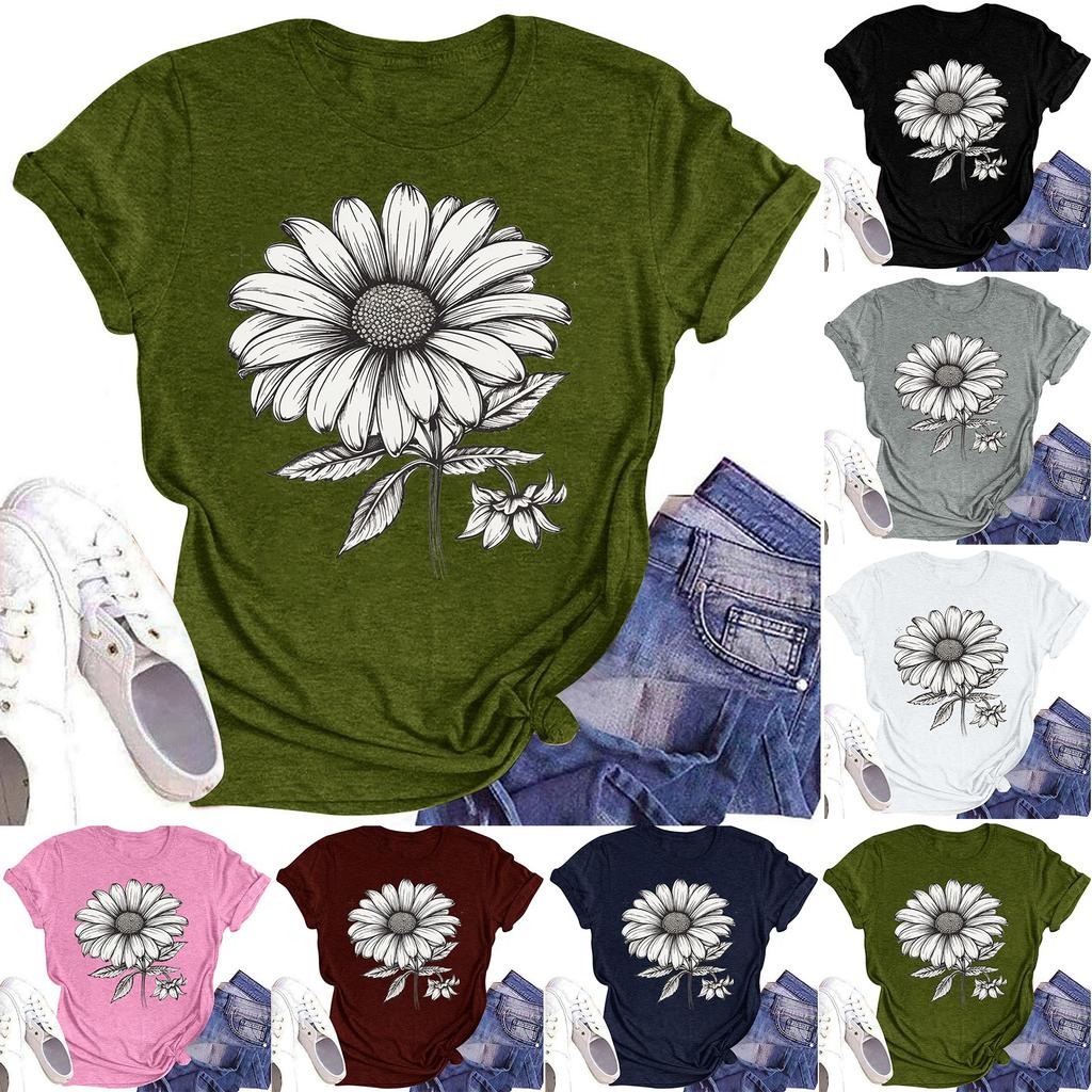 Женская повседневная футболка с круглым вырезом и цветочным принтом, короткий рукав