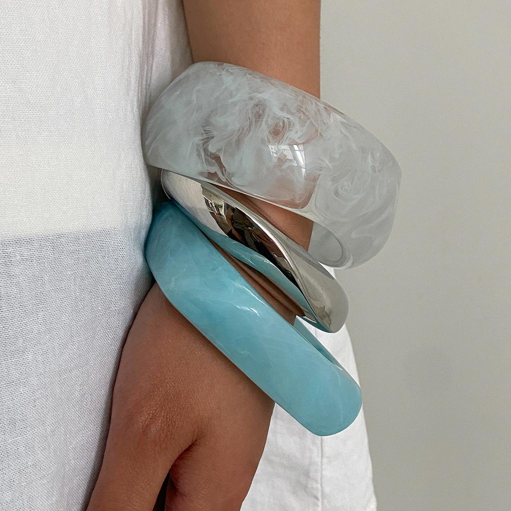 Ingemark 3 Styles Boho Irregular Resin Chunky Bangles for Women Y2K Vintage Glossy Geometric Wide Bracelets Hand Jewelry Gift