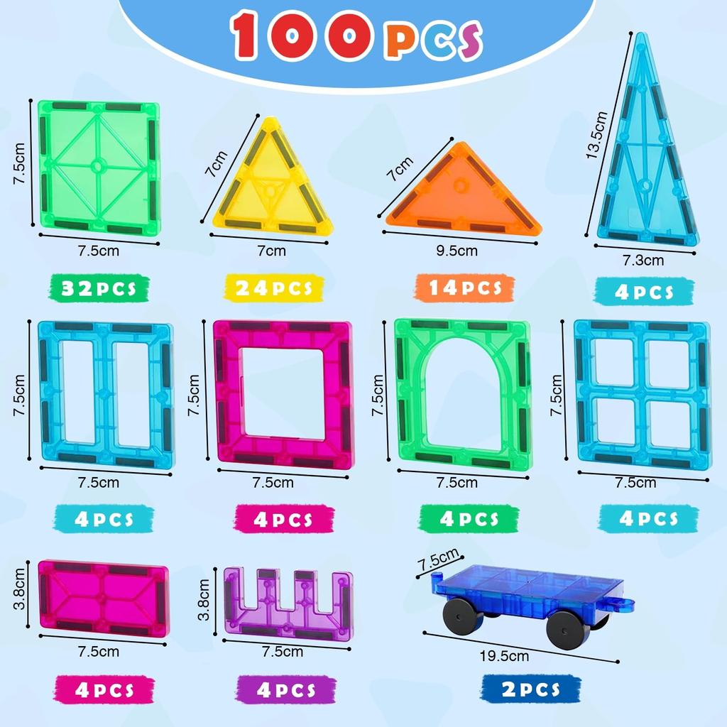 Gemmicc 100PCS Magnetic Tiles Building Blocks for Kids STEM Approved Educational Toys Magnetic Puzzle Building Blocks for Boys Girls Comes with 2 Cars