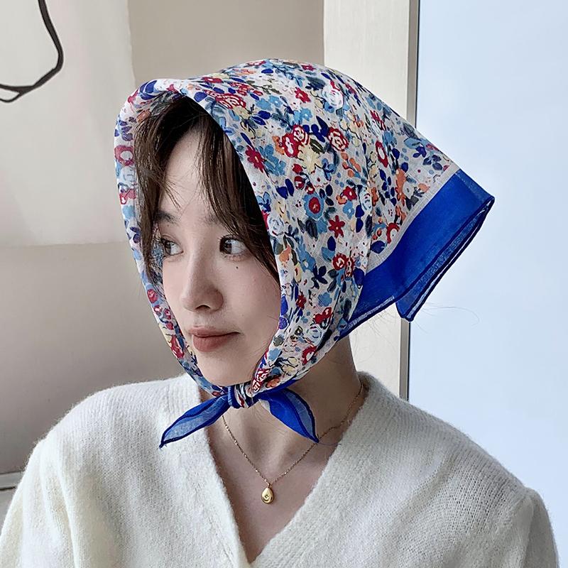 Dopamine cotton and linen headscarf Korean version sunscreen small square scarf female sweet and cute small silk scarf fashionable versatile decorati